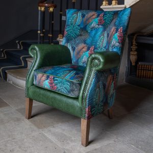Vintage Sofa Company Hexham Chair in Kingfisher Fabric and Bottle Green Leather | Shackletons