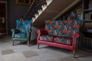 Vintage Sofa Company Hexham Chair in Kingfisher Fabric and Bottle Green Leather | Shackletons