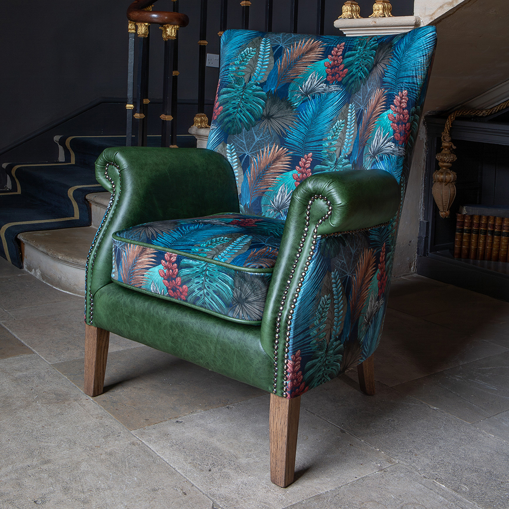 Vintage Sofa Company Hexham Chair in Kingfisher Fabric and Bottle Green Leather