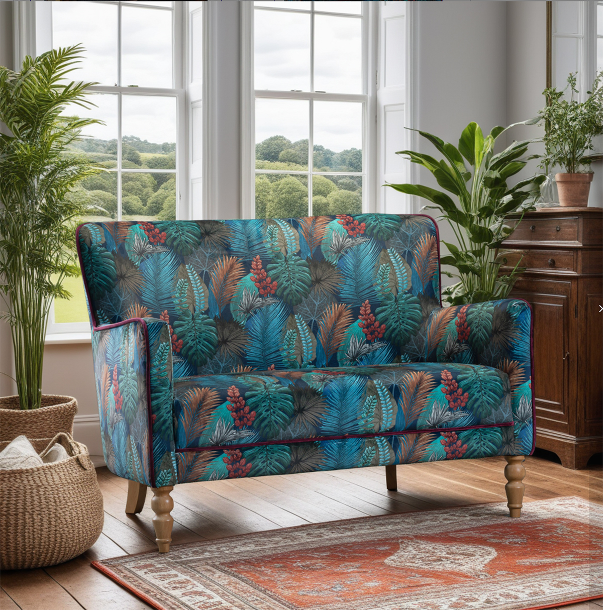 Vintage Sofa Company Howden 2 Seater Sofa in Tropical Leaf Kingfisher