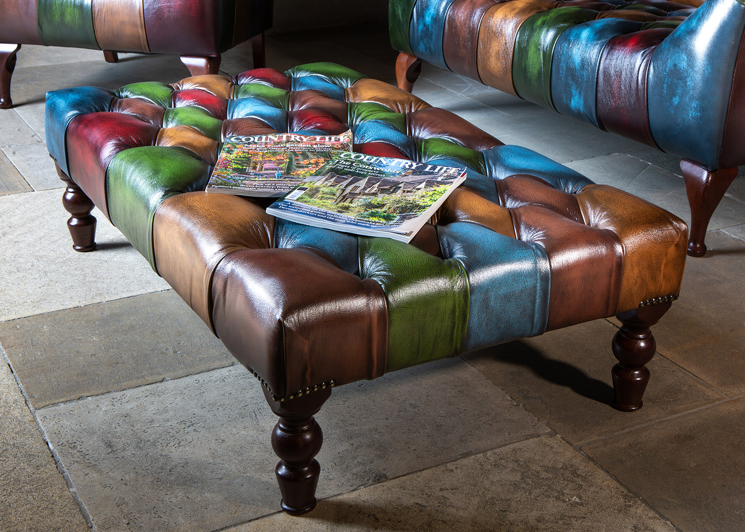 Vintage Sofa Company Rub Off Leather Patchwork Banquette Footstool