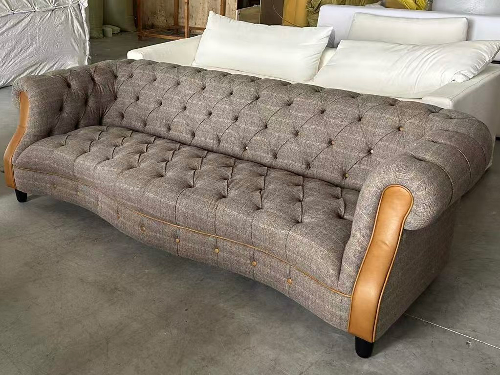 Vintage Sofa Company Westminster 2 Seater Sofa in Harrington Tweed Fellwood Lodge with Tan Leather trims